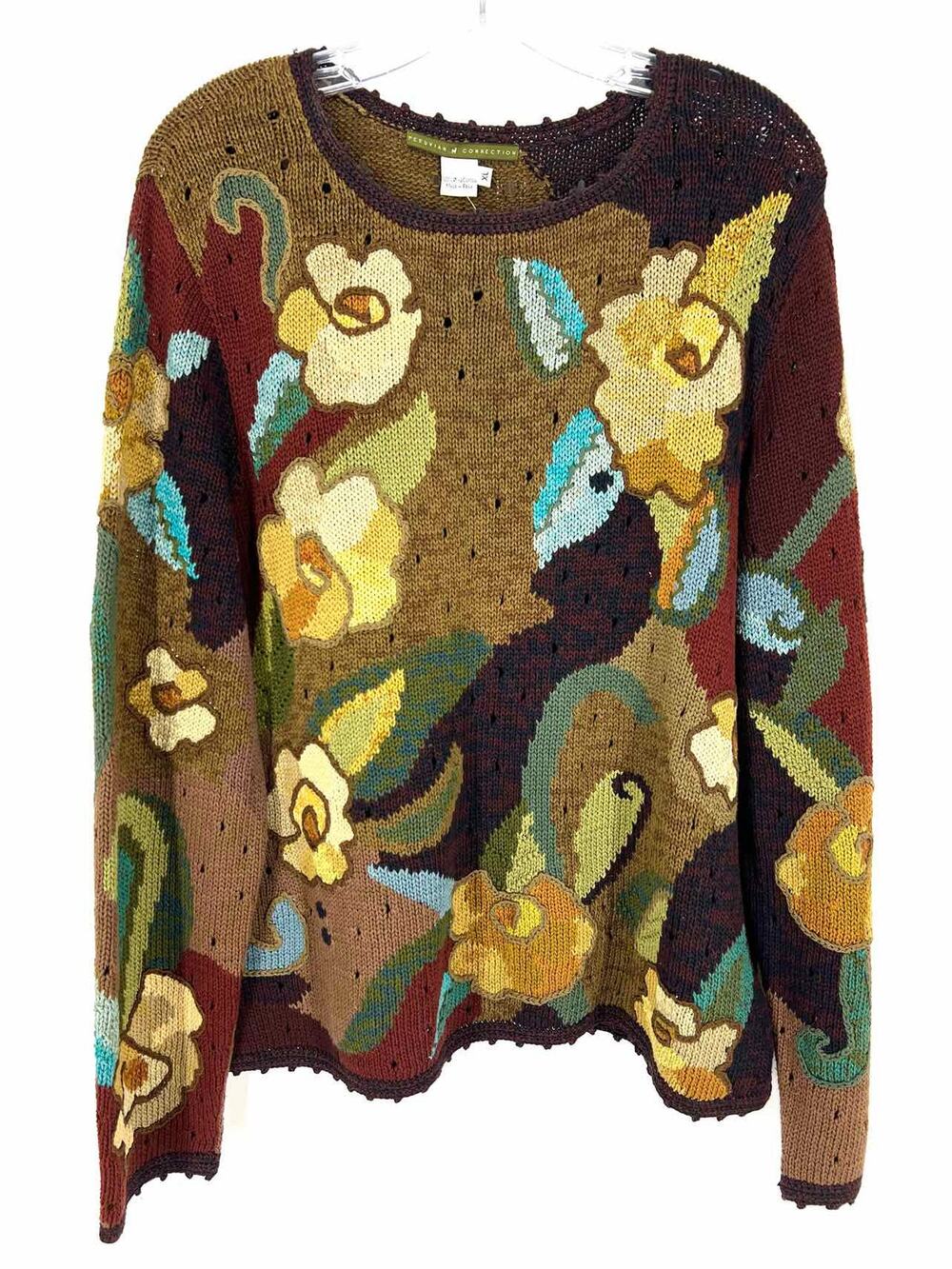 Peruvian Connection Size XL Brown/Multi Floral Openwork Designer Sweater